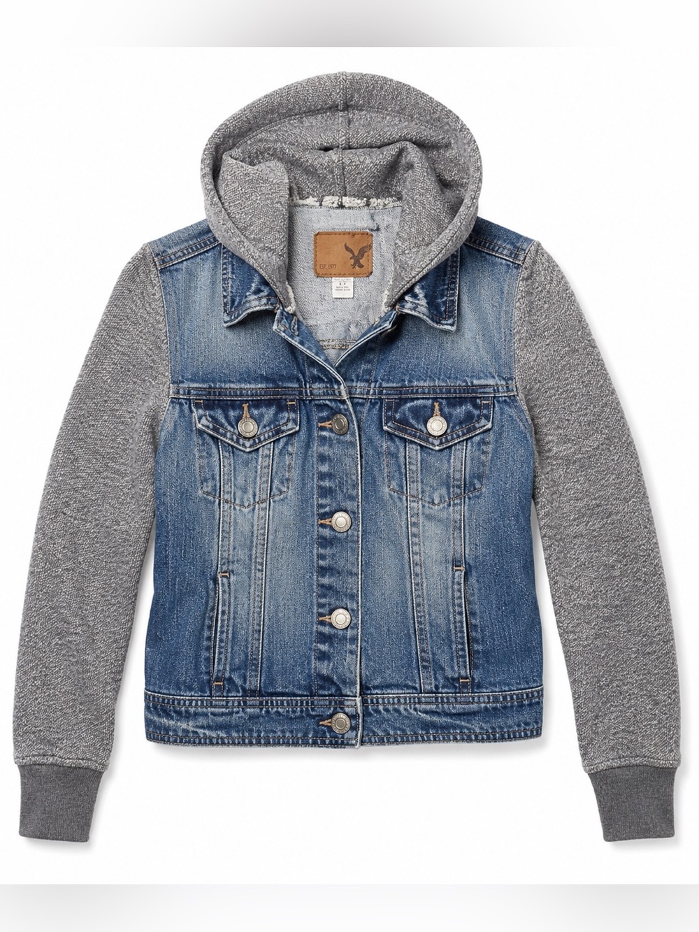 American Eagle Denim Hoodie Jacket S Gray Knit Sleeves Y2K Layered Trucker